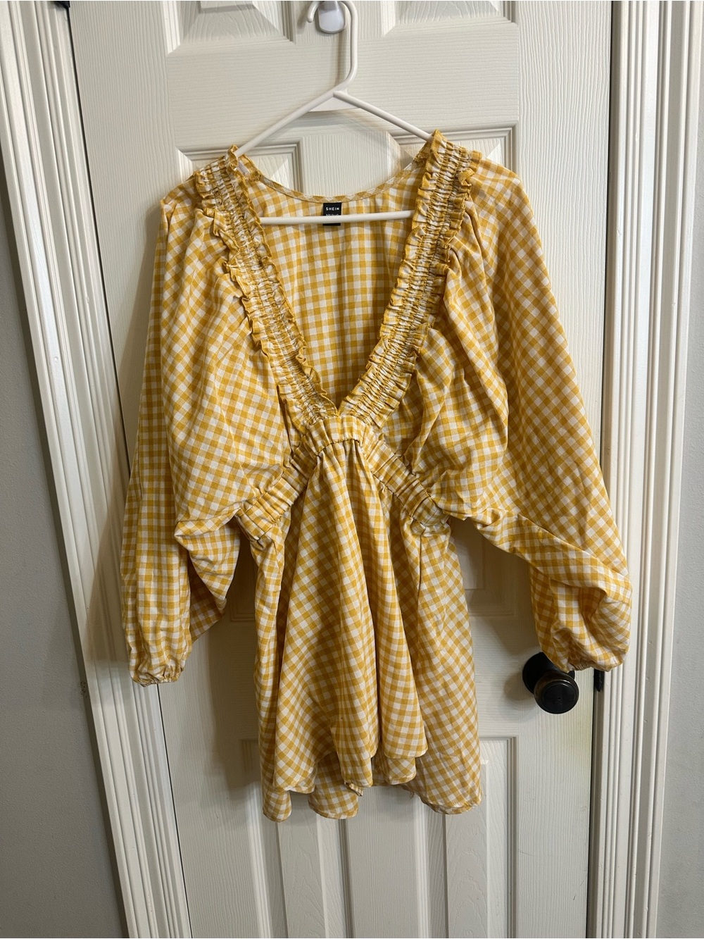 SHEIN Yellow Gingham Deep V-Neck Romper